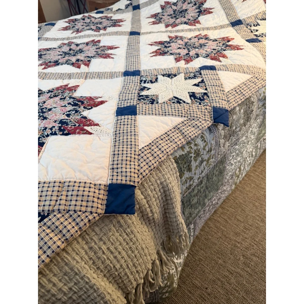 Vintage Handmade Quilt Hand Quilted Star Pattern Crochet Applique Cottagecore